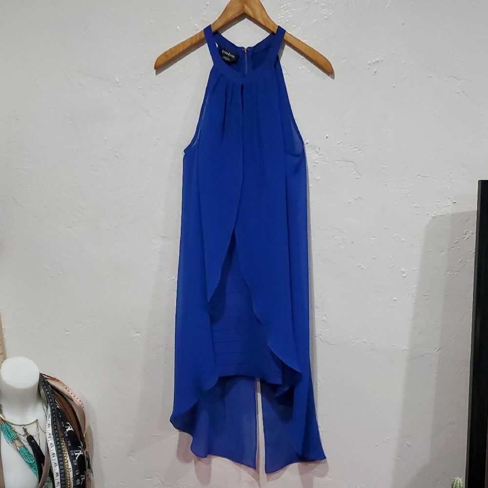 Bebe Royal Blue Halter Bandage Dress With Attached Sheer Overlay Size S